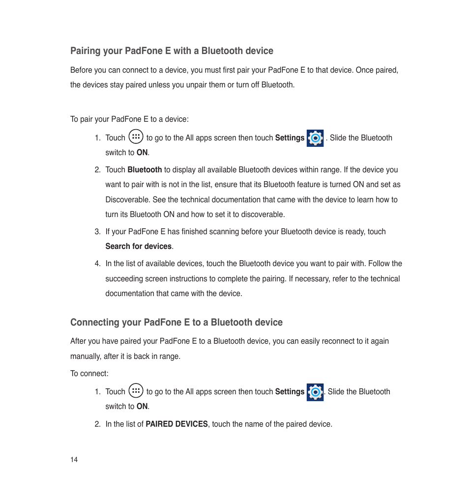 Pairing your padfone e with a bluetooth device, Connecting your padfone e to a bluetooth device | Asus PadFone E User Manual | Page 14 / 58