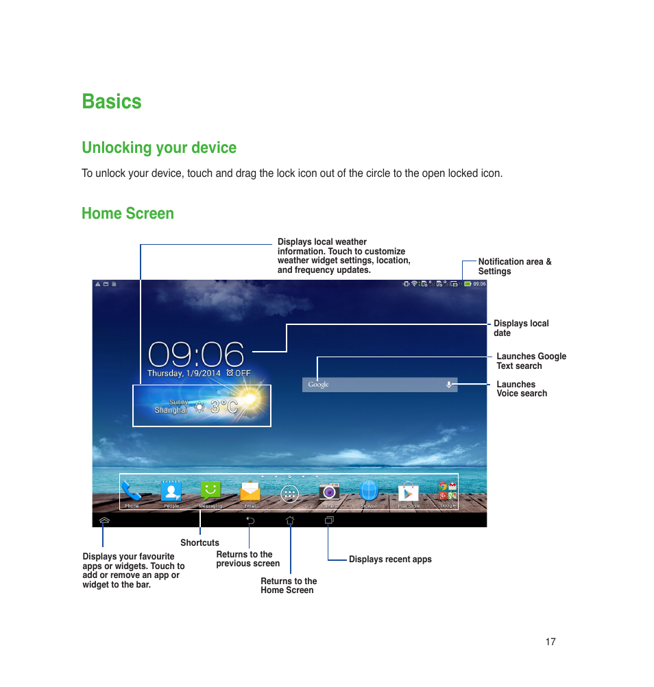 Basics, Unlocking your device, Home screen | Asus PadFone E User Manual | Page 17 / 58