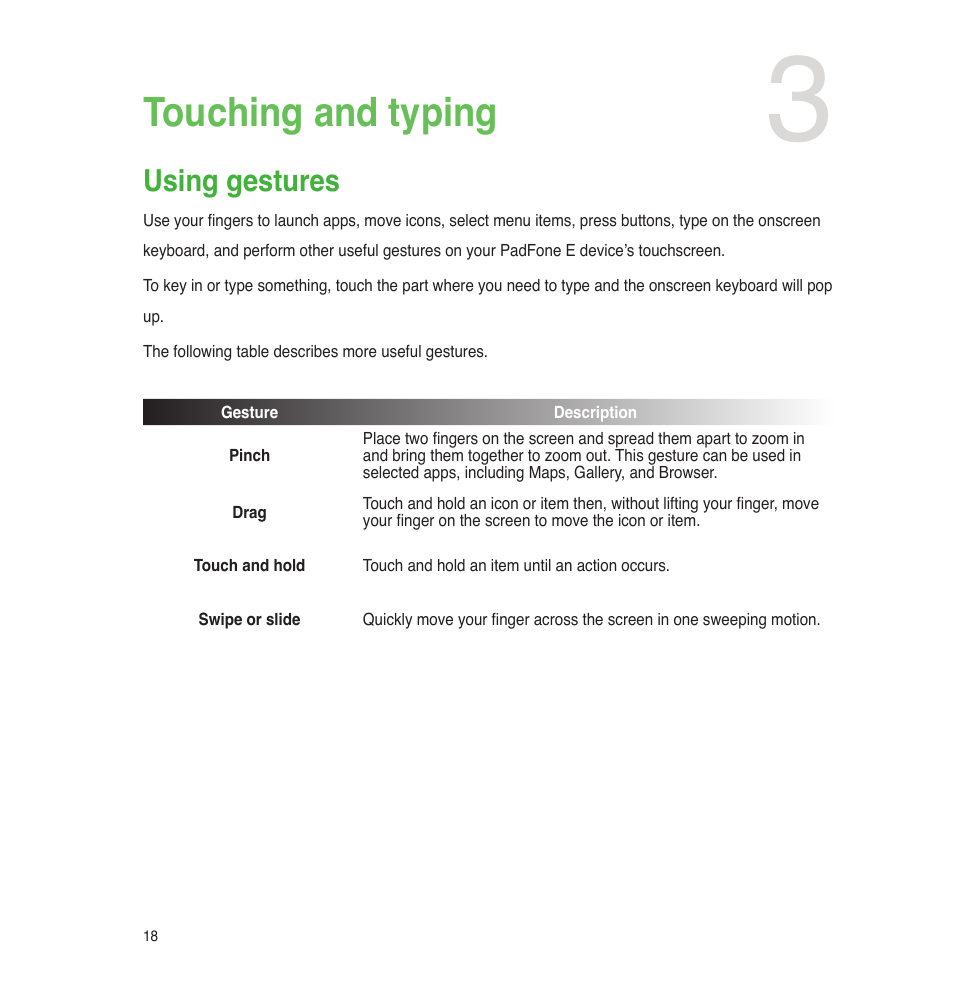 Touching and typing, Using gestures | Asus PadFone E User Manual | Page 18 / 58