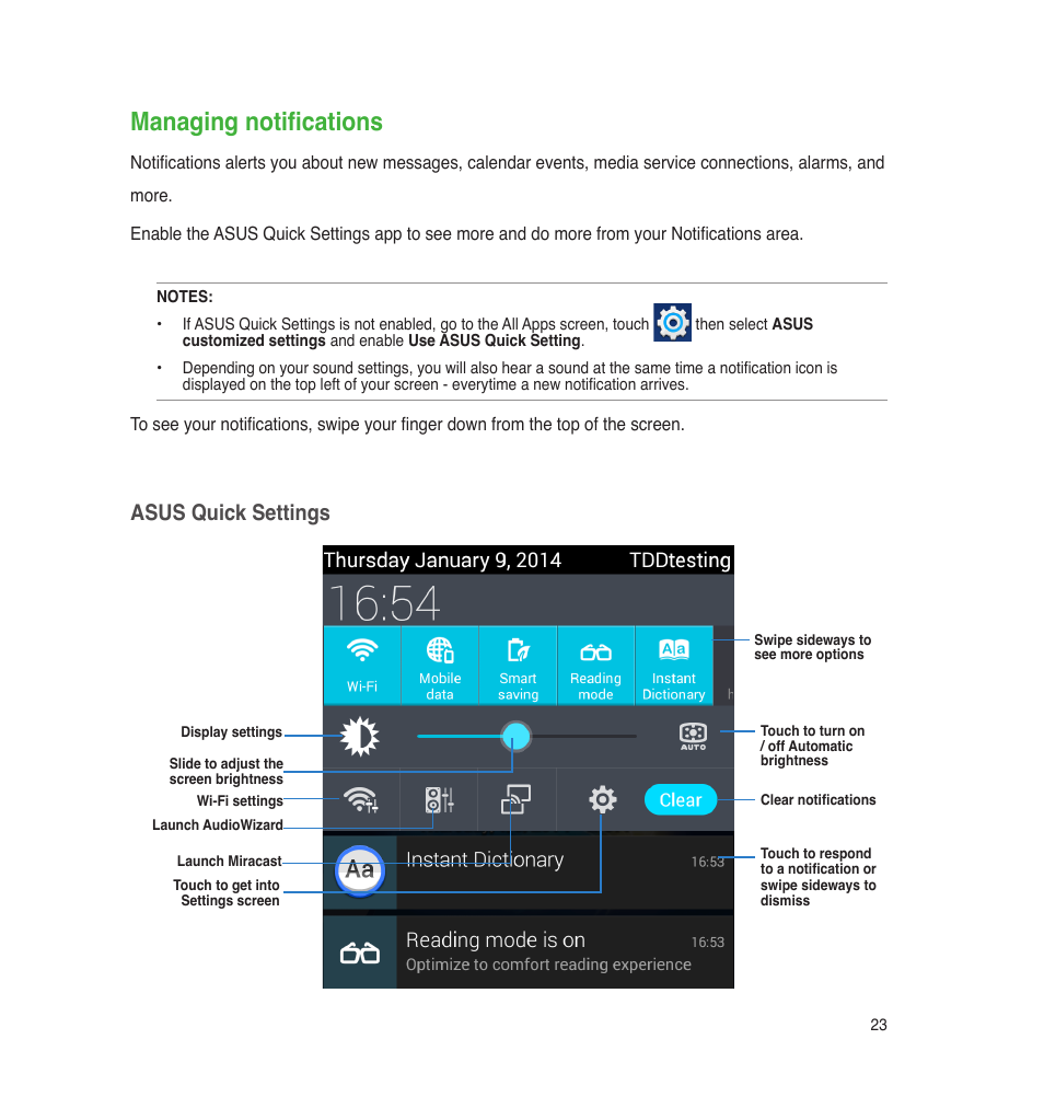 Managing notifications, Asus quick settings | Asus PadFone E User Manual | Page 23 / 58