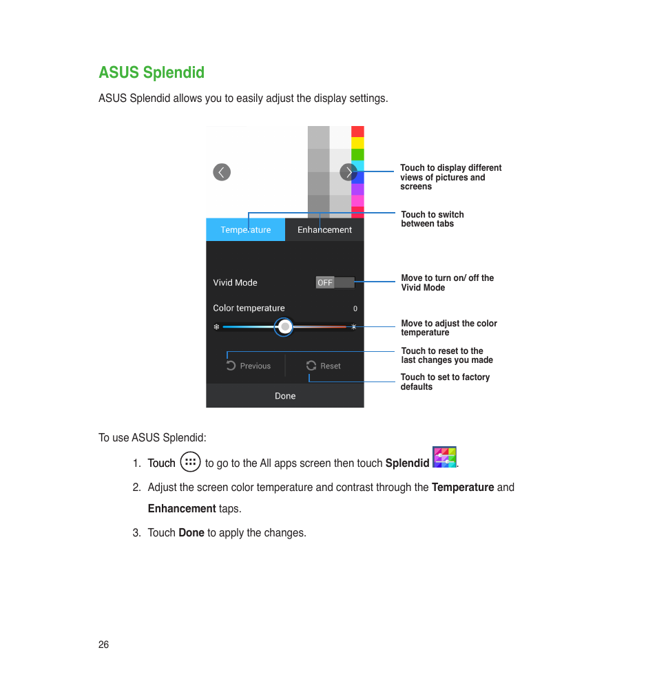 Asus splendid | Asus PadFone E User Manual | Page 26 / 58