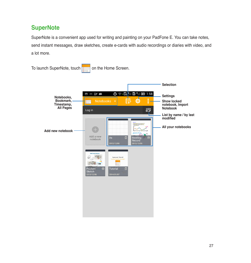 Supernote | Asus PadFone E User Manual | Page 27 / 58