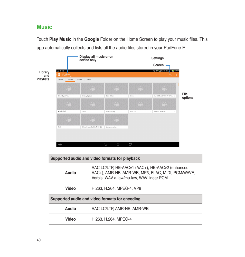 Music | Asus PadFone E User Manual | Page 40 / 58