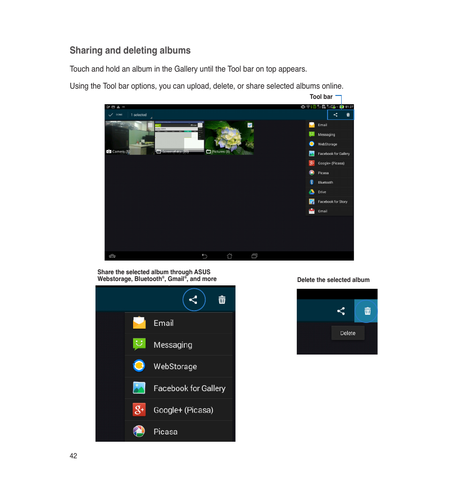 Sharing and deleting albums | Asus PadFone E User Manual | Page 42 / 58