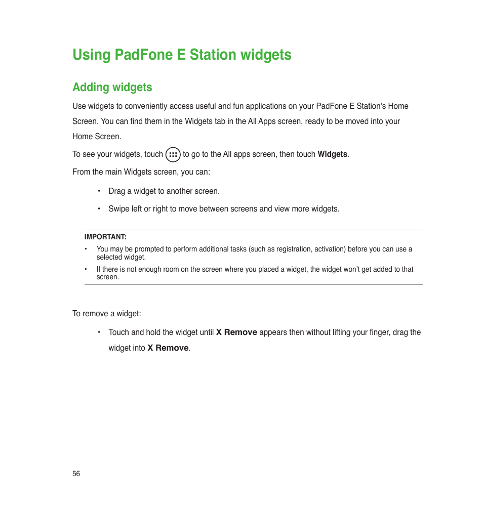 Using padfone e station widgets, Adding widgets | Asus PadFone E User Manual | Page 56 / 58