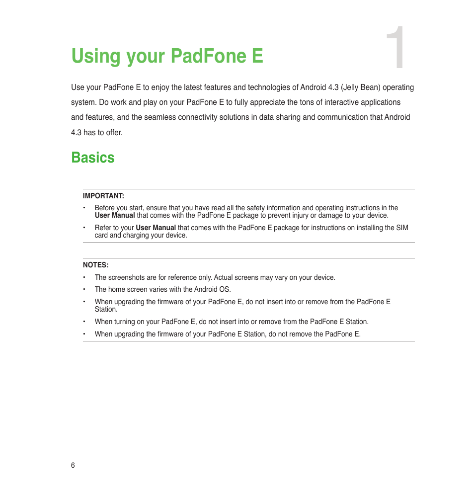 Using your padfone e, Basics | Asus PadFone E User Manual | Page 6 / 58