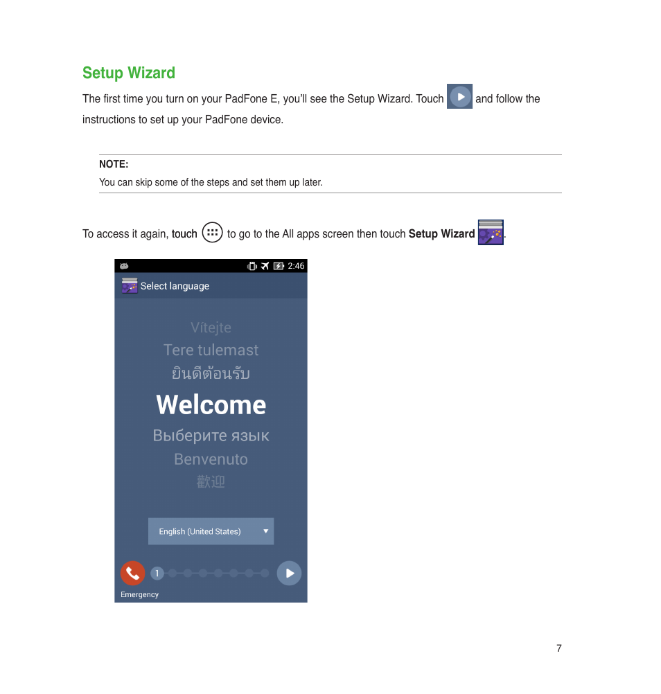 Setup wizard | Asus PadFone E User Manual | Page 7 / 58
