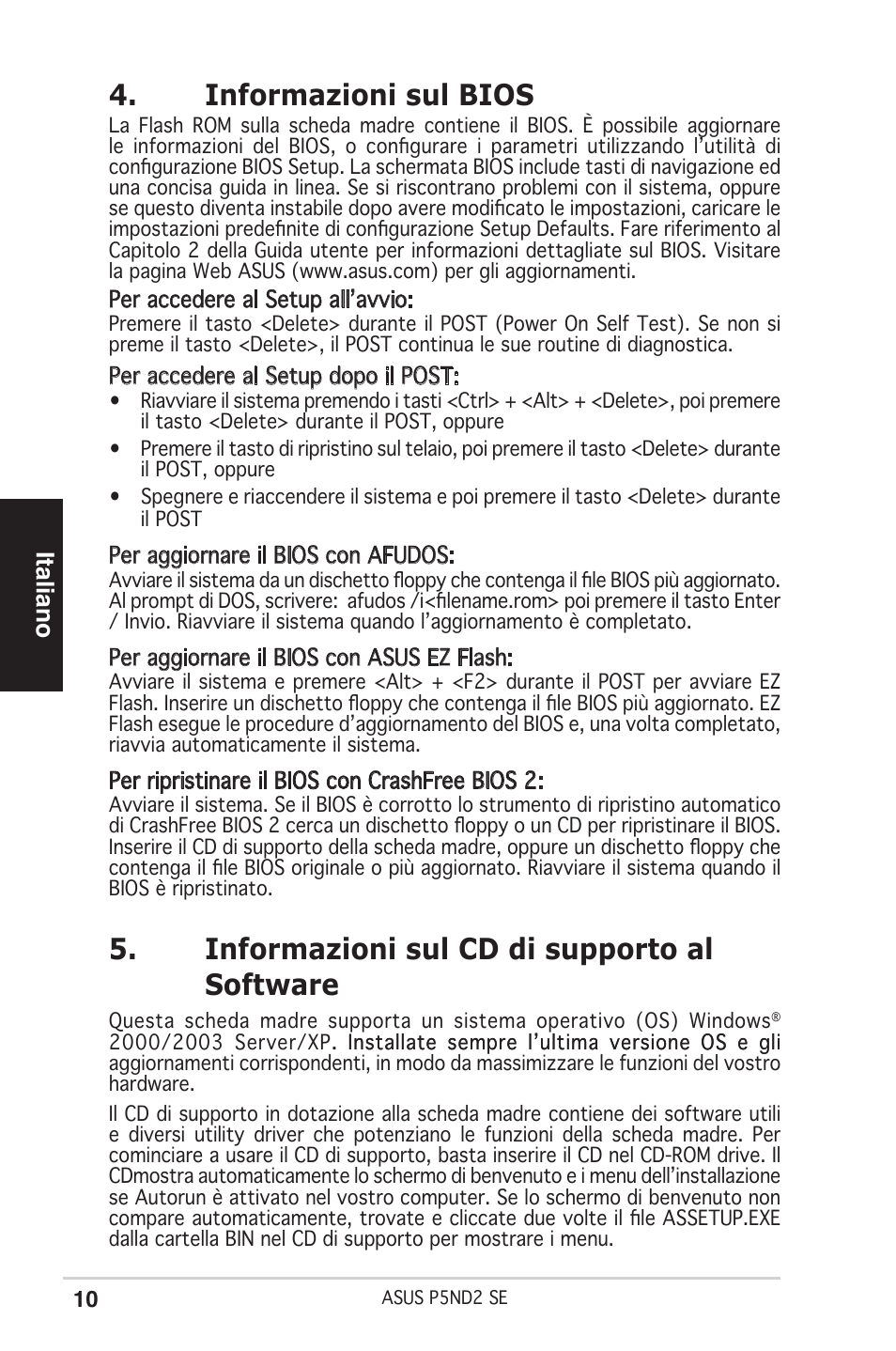 Informazioni sul bios, Informazioni sul cd di supporto al software, Italiano | Asus P5ND2 SE User Manual | Page 10 / 38