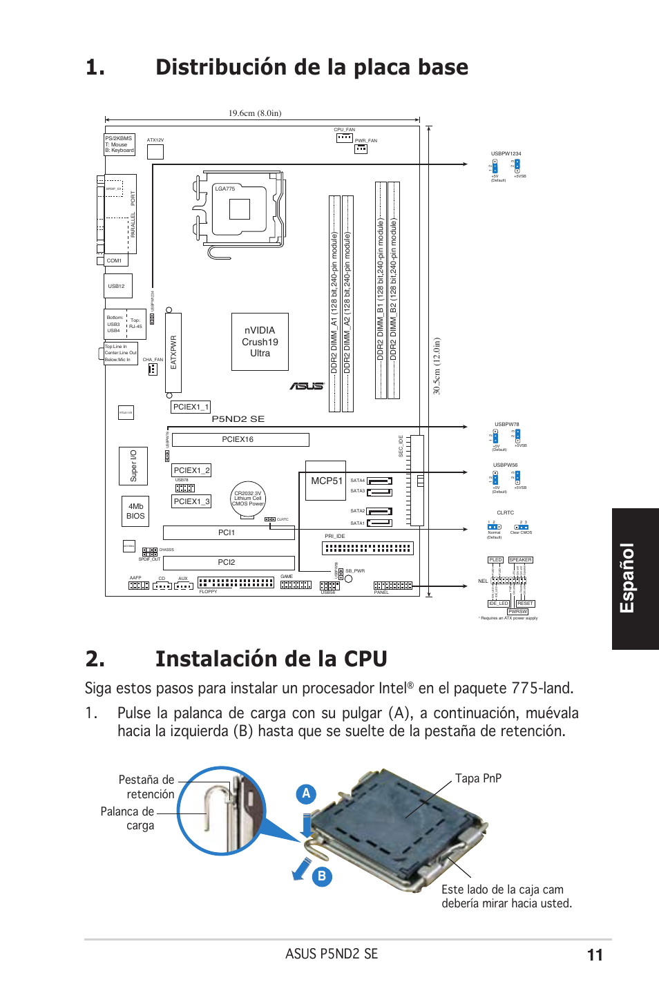 Español, Siga estos pasos para instalar un procesador intel, Asus p5nd2 se | Ab b, Nvidia crush19 ultra mcp51 | Asus P5ND2 SE User Manual | Page 11 / 38