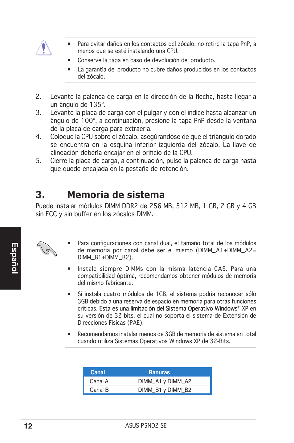 Español | Asus P5ND2 SE User Manual | Page 12 / 38