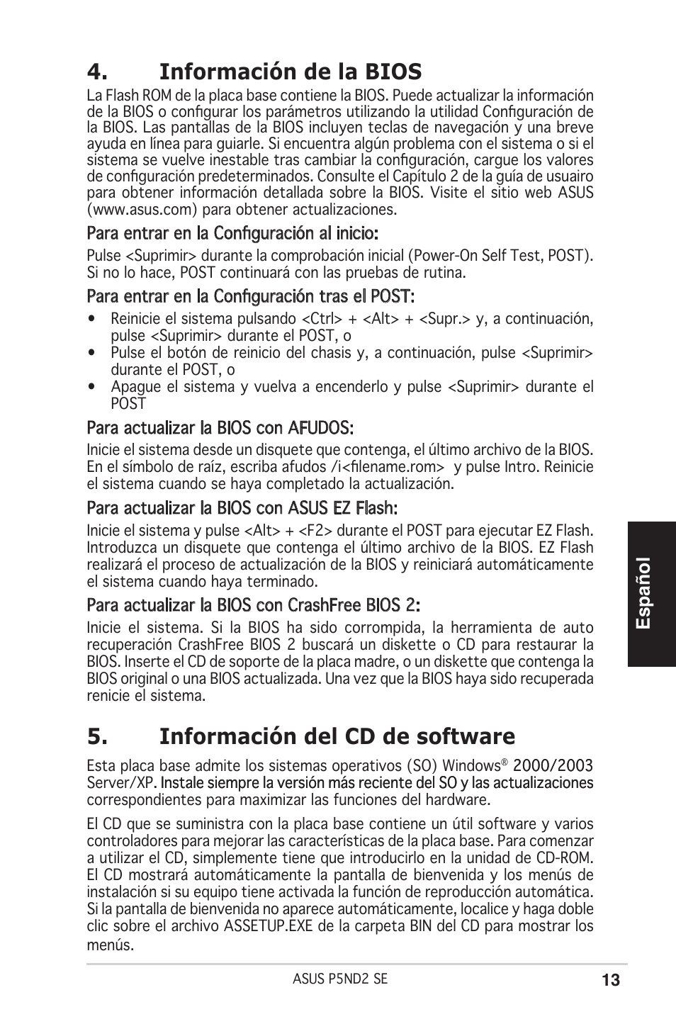 Información de la bios, Información del cd de software, Español | Asus P5ND2 SE User Manual | Page 13 / 38