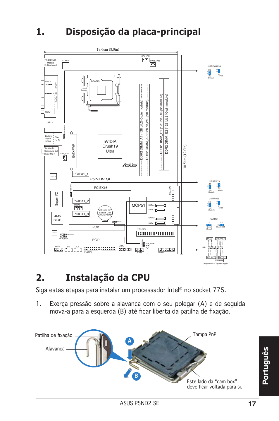 Disposição da placa-principal 2. instalação da cpu, Português, Asus p5nd2 se | Ab b, Nvidia crush19 ultra mcp51, P5nd2 se | Asus P5ND2 SE User Manual | Page 17 / 38