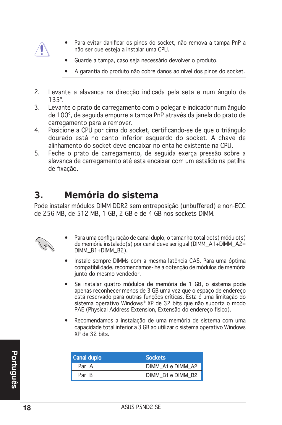 Memória do sistema, Português | Asus P5ND2 SE User Manual | Page 18 / 38