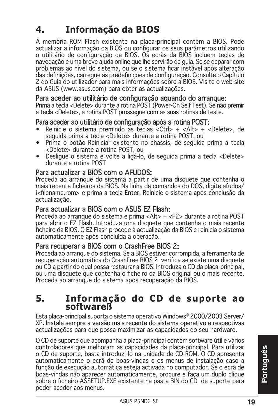 Informação da bios, Informação do cd de suporte ao softwareß, Português | Asus P5ND2 SE User Manual | Page 19 / 38