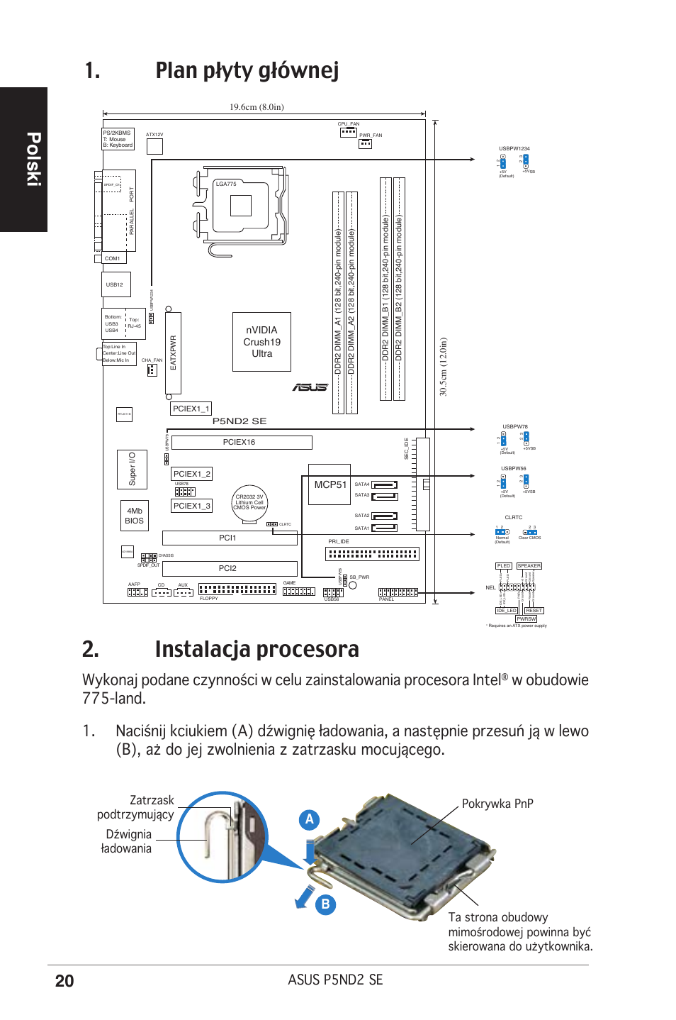 Plan płyty głównej 2. instalacja procesora, Polski, Asus p5nd2 se | Ab b, Nvidia crush19 ultra mcp51 | Asus P5ND2 SE User Manual | Page 20 / 38