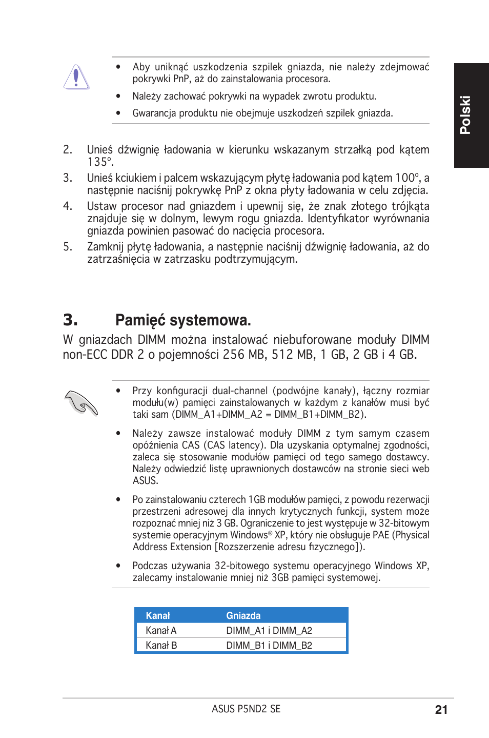 Pamięć systemowa, Polski | Asus P5ND2 SE User Manual | Page 21 / 38