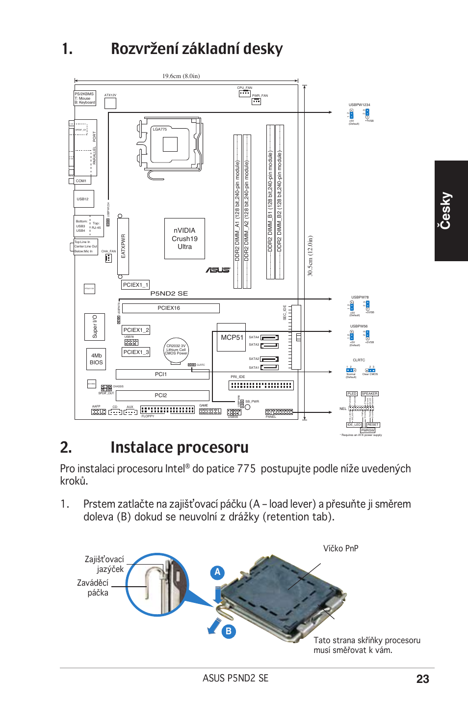 Rozvržení základní desky 2. instalace procesoru, Česky, Pro instalaci procesoru intel | Asus p5nd2 se, Ab b, Nvidia crush19 ultra mcp51 | Asus P5ND2 SE User Manual | Page 23 / 38
