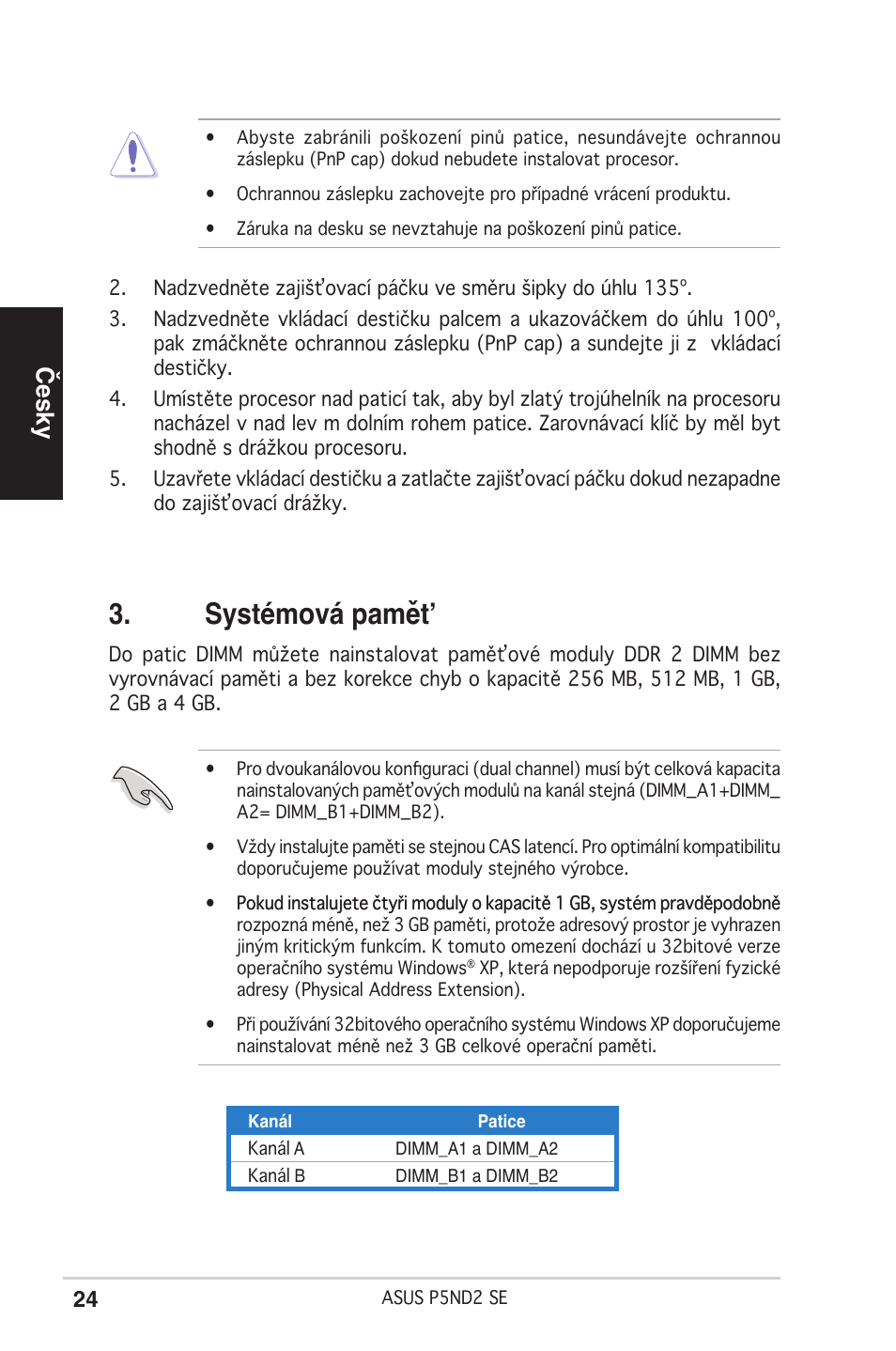 Systémová pamět, Česky | Asus P5ND2 SE User Manual | Page 24 / 38