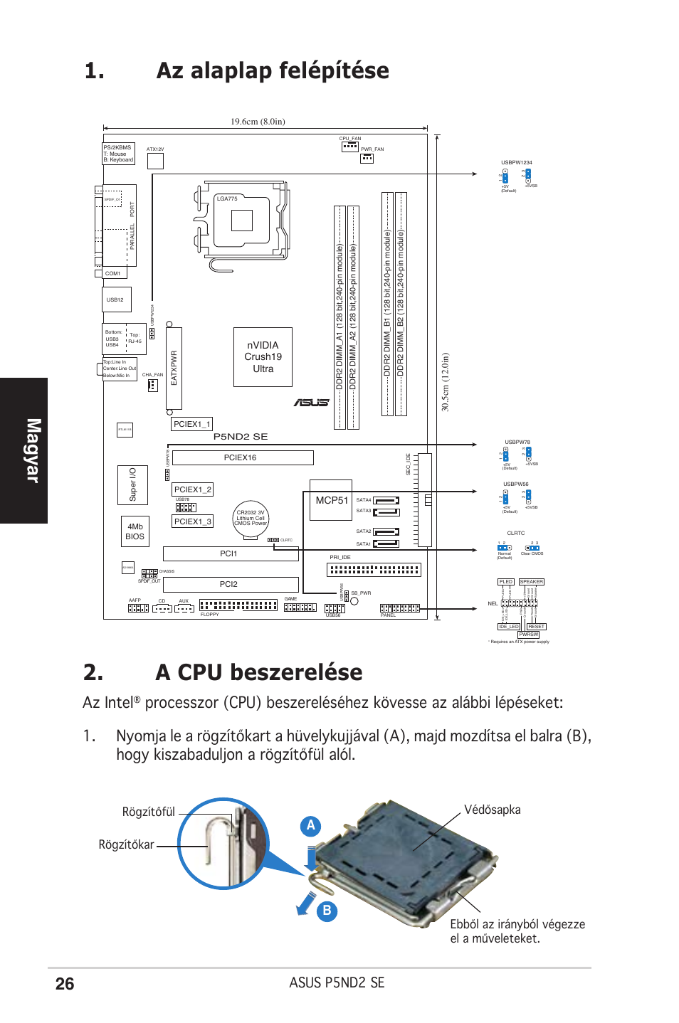 Az alaplap felépítése 2. a cpu beszerelése, Magyar, Az intel | Asus p5nd2 se, Ab b, Nvidia crush19 ultra mcp51, P5nd2 se | Asus P5ND2 SE User Manual | Page 26 / 38