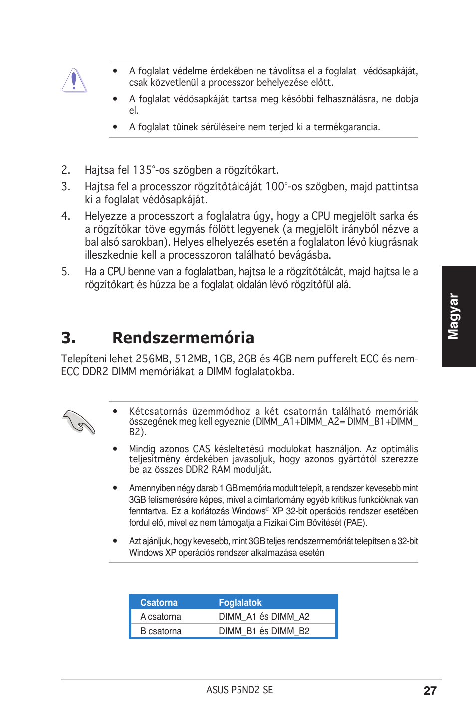 Rendszermemória, Magyar | Asus P5ND2 SE User Manual | Page 27 / 38