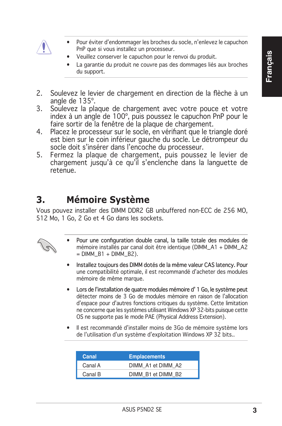 Mémoire système, Français | Asus P5ND2 SE User Manual | Page 3 / 38