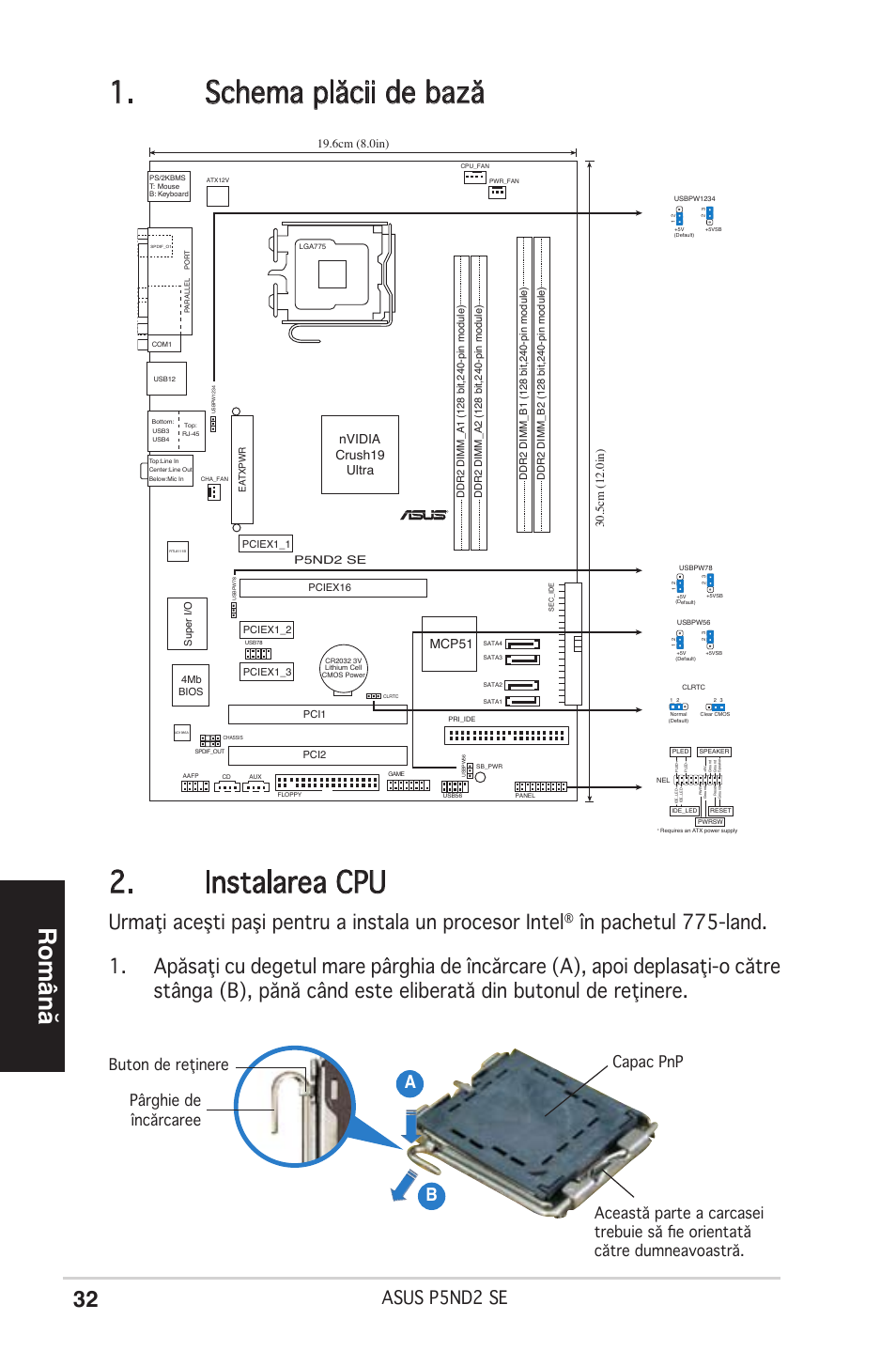 Schema plăcii de bază 2. instalarea cpu, Română, Asus p5nd2 se | Ab b, Nvidia crush19 ultra mcp51 | Asus P5ND2 SE User Manual | Page 32 / 38