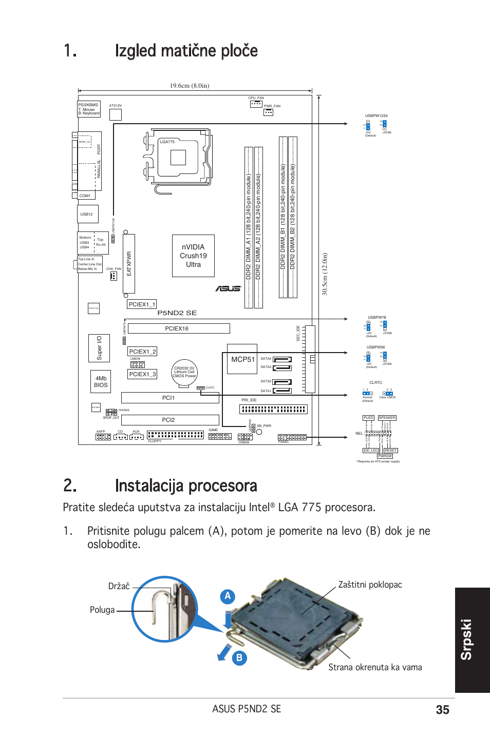 Izgled matične ploče 2. instalacija procesora, Srpski, Pratite sledeća uputstva za instalaciju intel | Asus p5nd2 se, Ab b, Nvidia crush19 ultra mcp51, P5nd2 se | Asus P5ND2 SE User Manual | Page 35 / 38