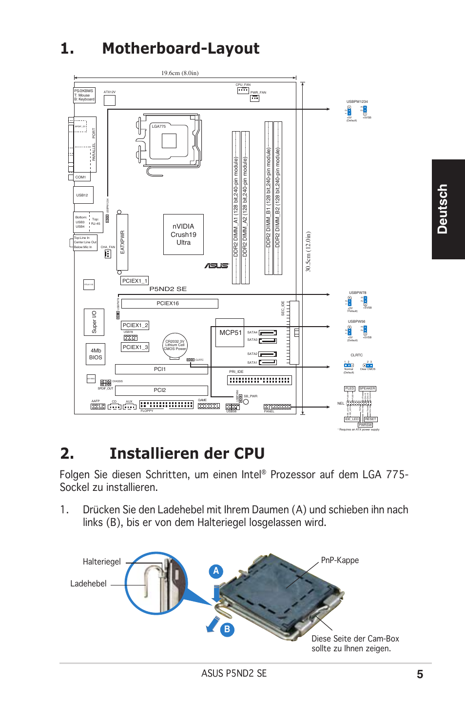 Motherboard-layout 2. installieren der cpu, Deutsch, Folgen sie diesen schritten, um einen intel | Asus p5nd2 se, Ab b, Nvidia crush19 ultra mcp51, P5nd2 se | Asus P5ND2 SE User Manual | Page 5 / 38