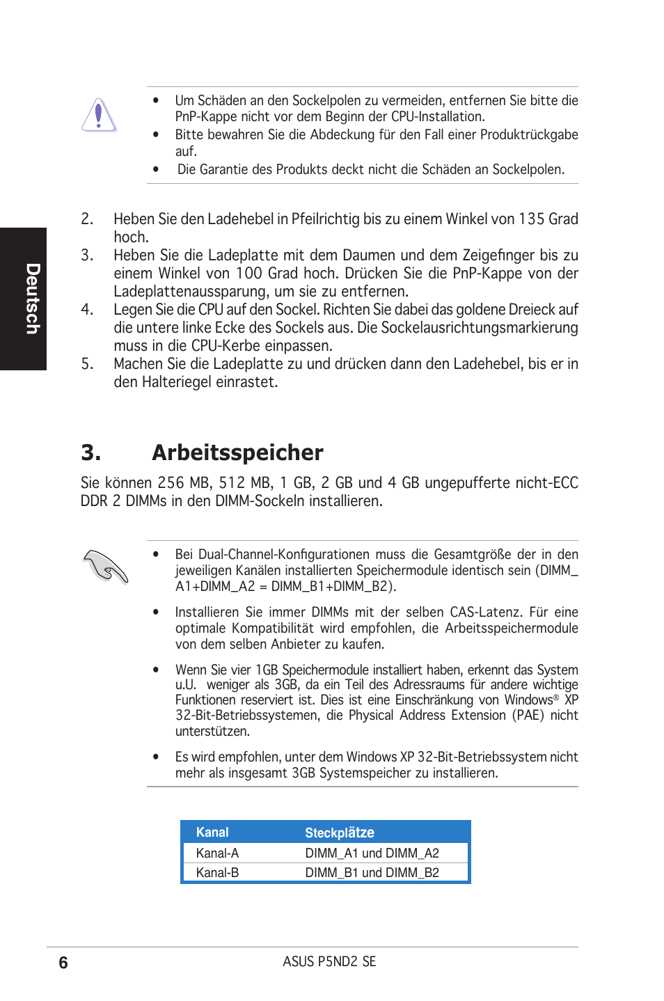 Arbeitsspeicher, Deutsch | Asus P5ND2 SE User Manual | Page 6 / 38