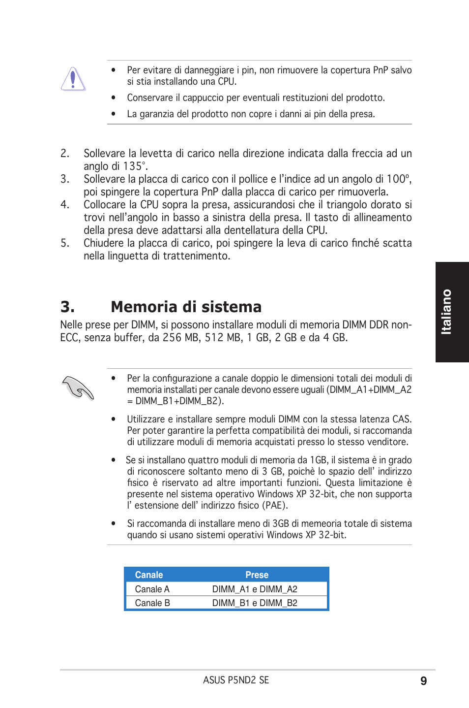 Italiano | Asus P5ND2 SE User Manual | Page 9 / 38