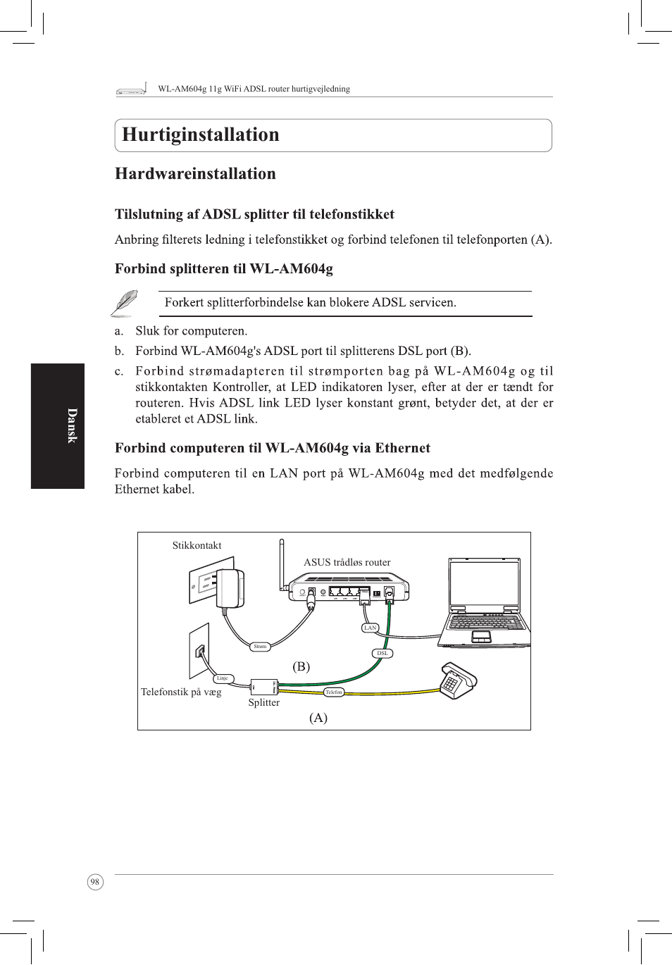 Hurtiginstallation, Dansk | Asus WL-AM604g User Manual | Page 100 / 108