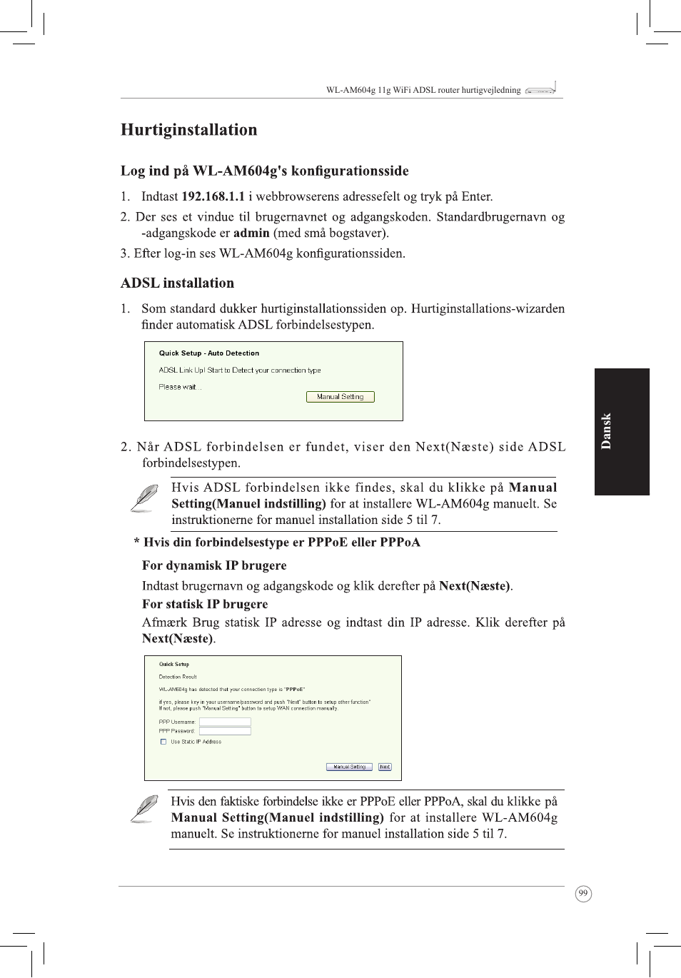 Dansk | Asus WL-AM604g User Manual | Page 101 / 108