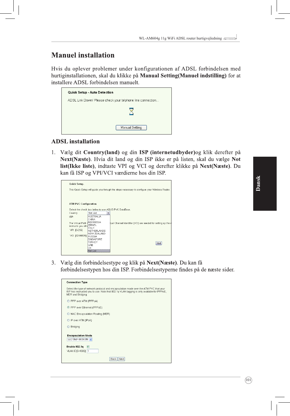 Dansk | Asus WL-AM604g User Manual | Page 103 / 108