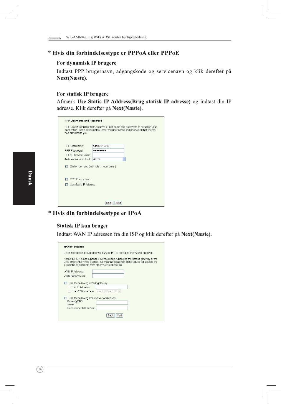 Dansk | Asus WL-AM604g User Manual | Page 104 / 108