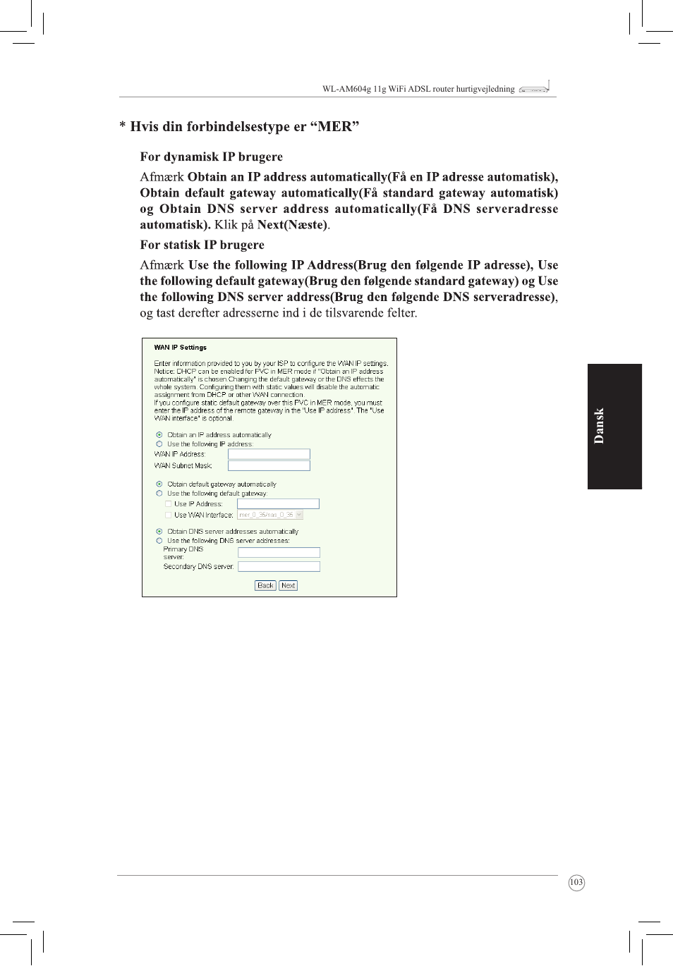 Dansk | Asus WL-AM604g User Manual | Page 105 / 108