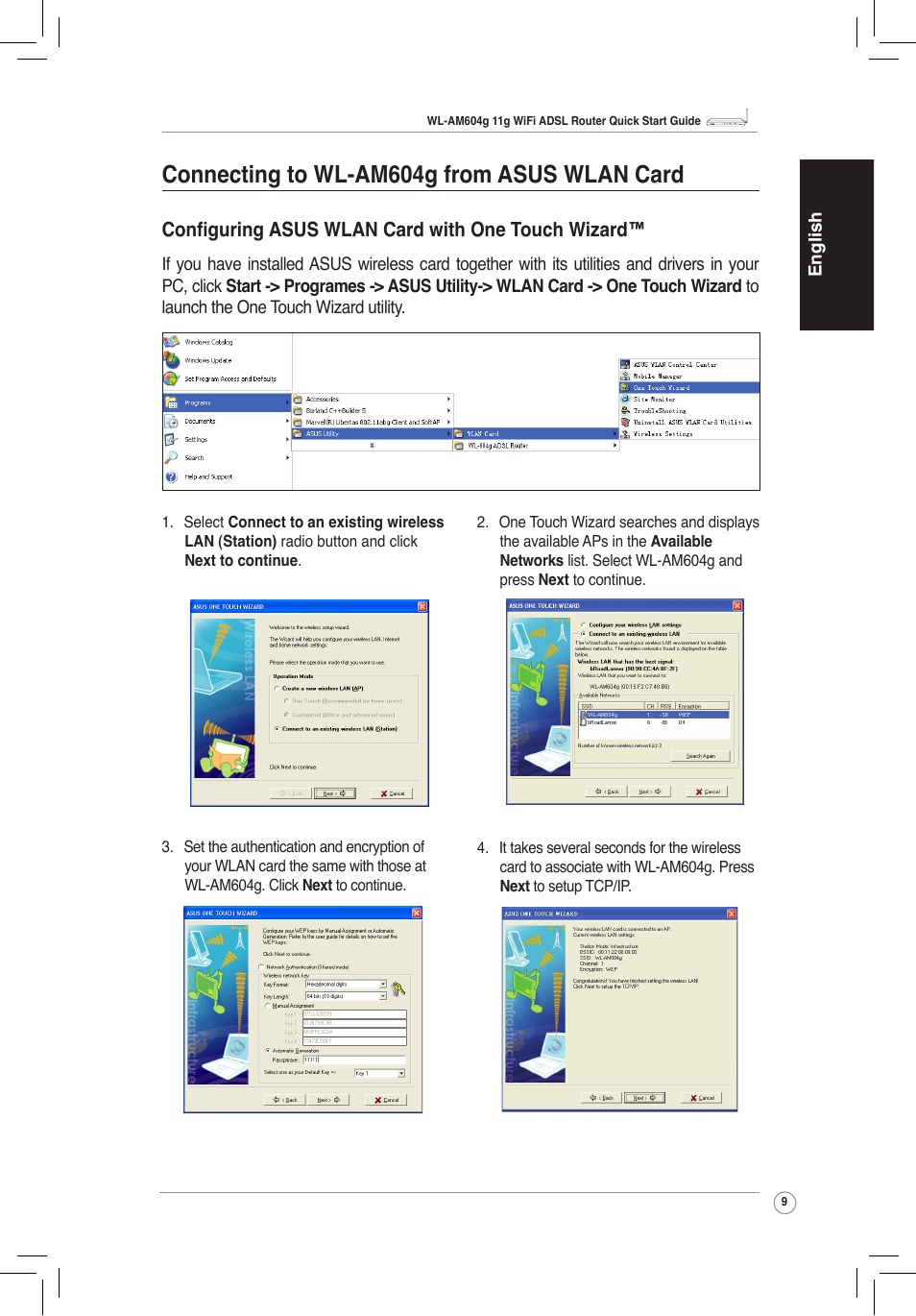 Connecting to wl-am604g from asus wlan card, Configuring asus wlan card with one touch wizard | Asus WL-AM604g User Manual | Page 11 / 108