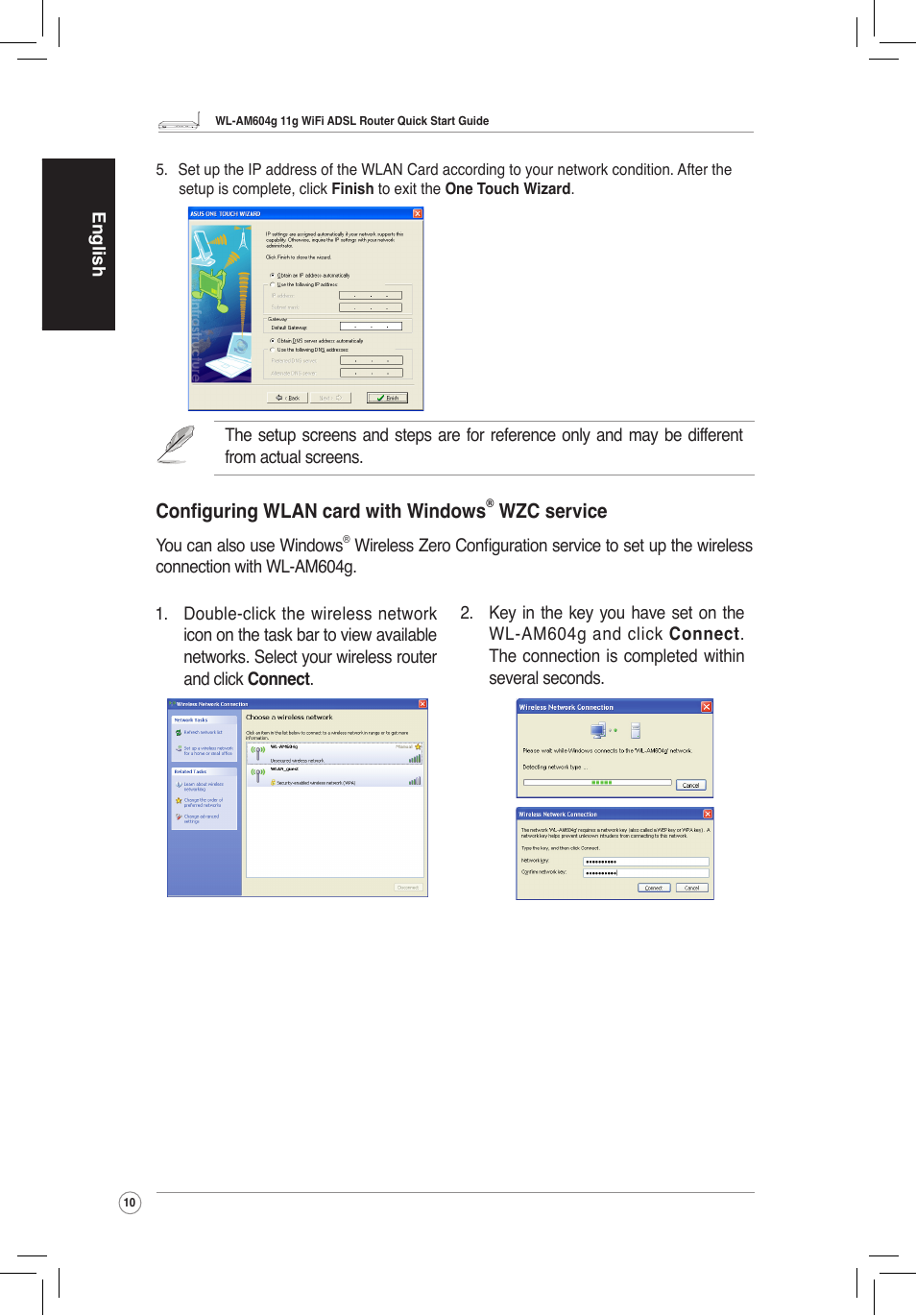 Configuring wlan card with windows, Wzc service | Asus WL-AM604g User Manual | Page 12 / 108