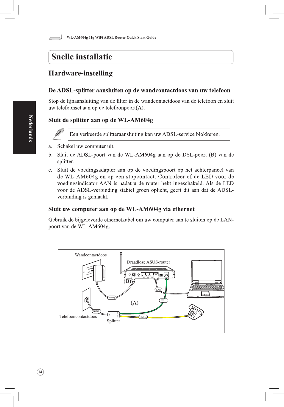 Snelle installatie, Nederlands | Asus WL-AM604g User Manual | Page 16 / 108