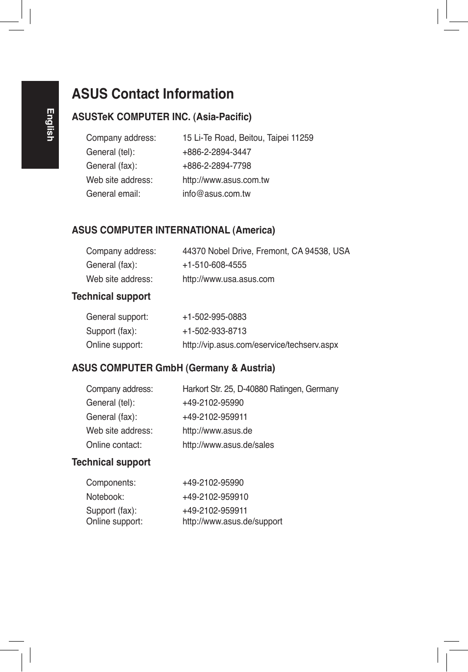 Asus contact information | Asus WL-AM604g User Manual | Page 2 / 108