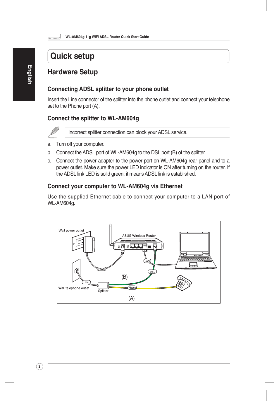 Quick setup, Hardware setup, Connecting adsl splitter to your phone outlet | Connect the splitter to wl-am604g, Connect your computer to wl-am604g via ethernet | Asus WL-AM604g User Manual | Page 4 / 108