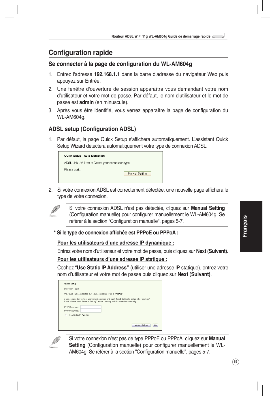 Configuration rapide, Adsl) | Asus WL-AM604g User Manual | Page 41 / 108