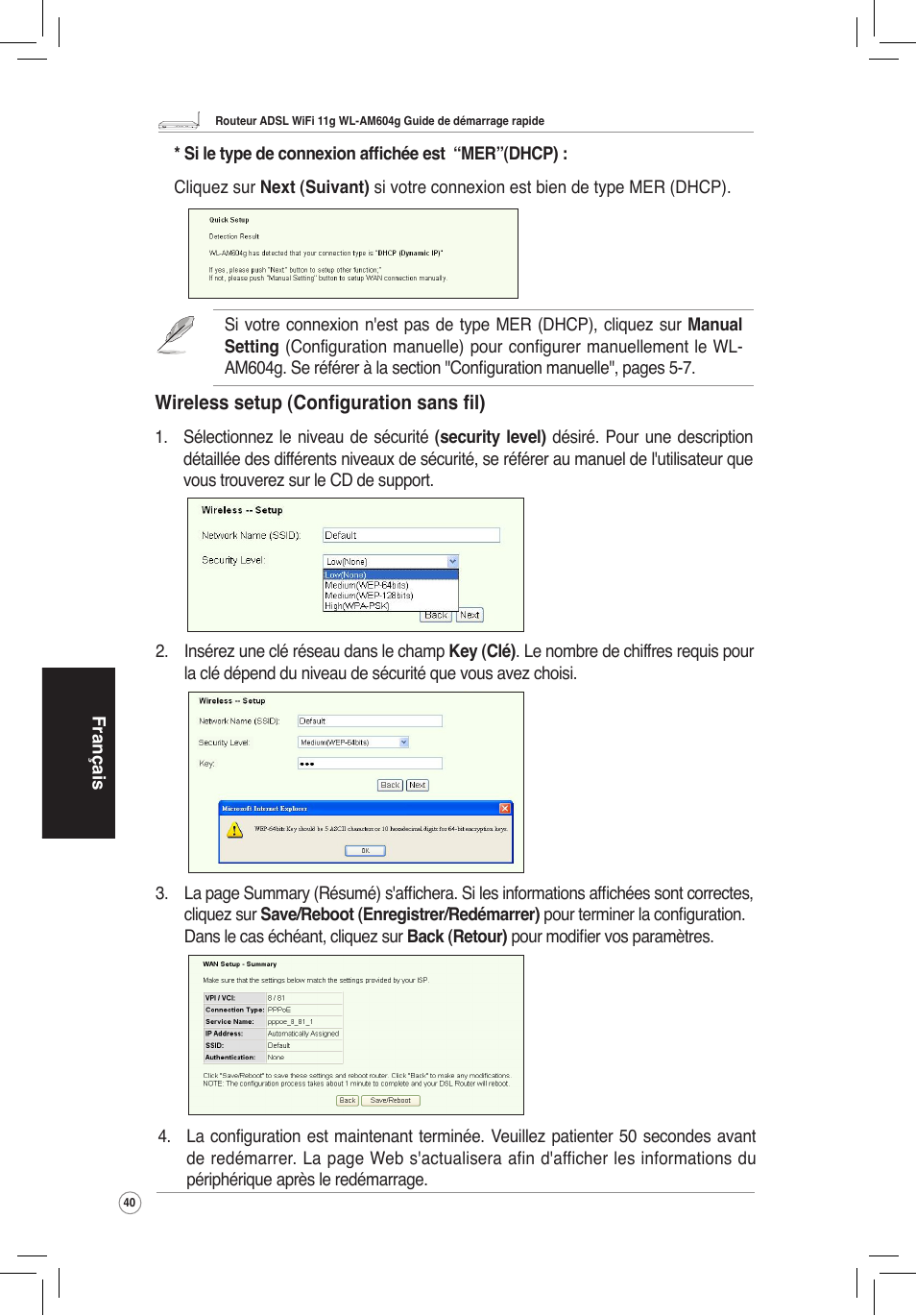 Wireless setup (configuration sans fil) | Asus WL-AM604g User Manual | Page 42 / 108