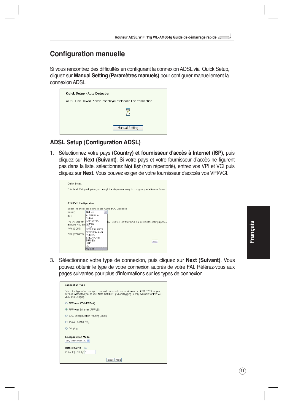 Adsl), Configuration manuelle, Adsl setup (configuration adsl) | Asus WL-AM604g User Manual | Page 43 / 108