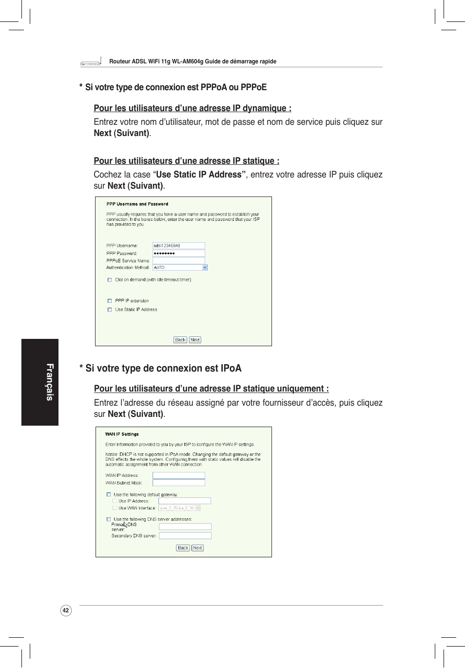 Si votre type de connexion est ipoa | Asus WL-AM604g User Manual | Page 44 / 108