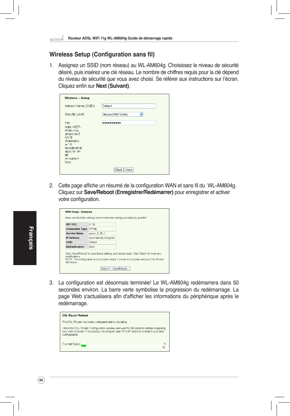 Wireless setup (configuration sans fil) | Asus WL-AM604g User Manual | Page 46 / 108