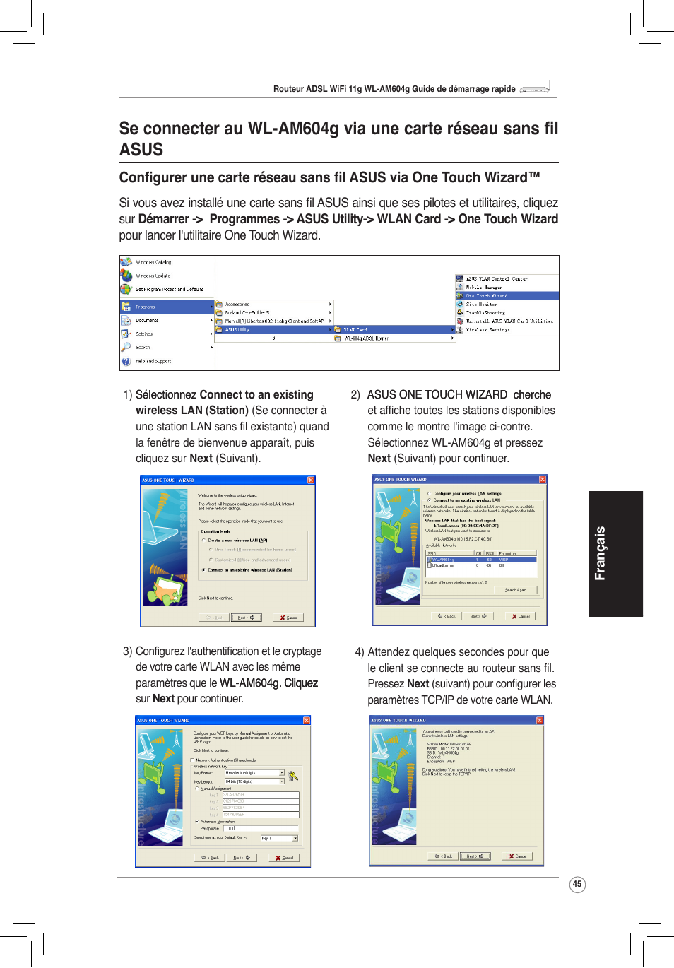 Wl-am604g via une carte réseau sans fil asus, Ouch wizard | Asus WL-AM604g User Manual | Page 47 / 108