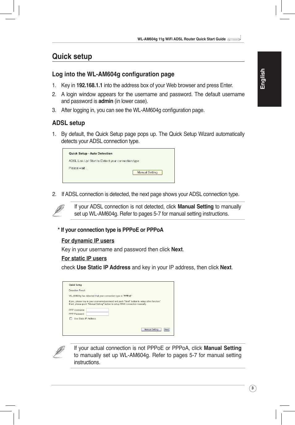 Quick setup, Adsl setup | Asus WL-AM604g User Manual | Page 5 / 108