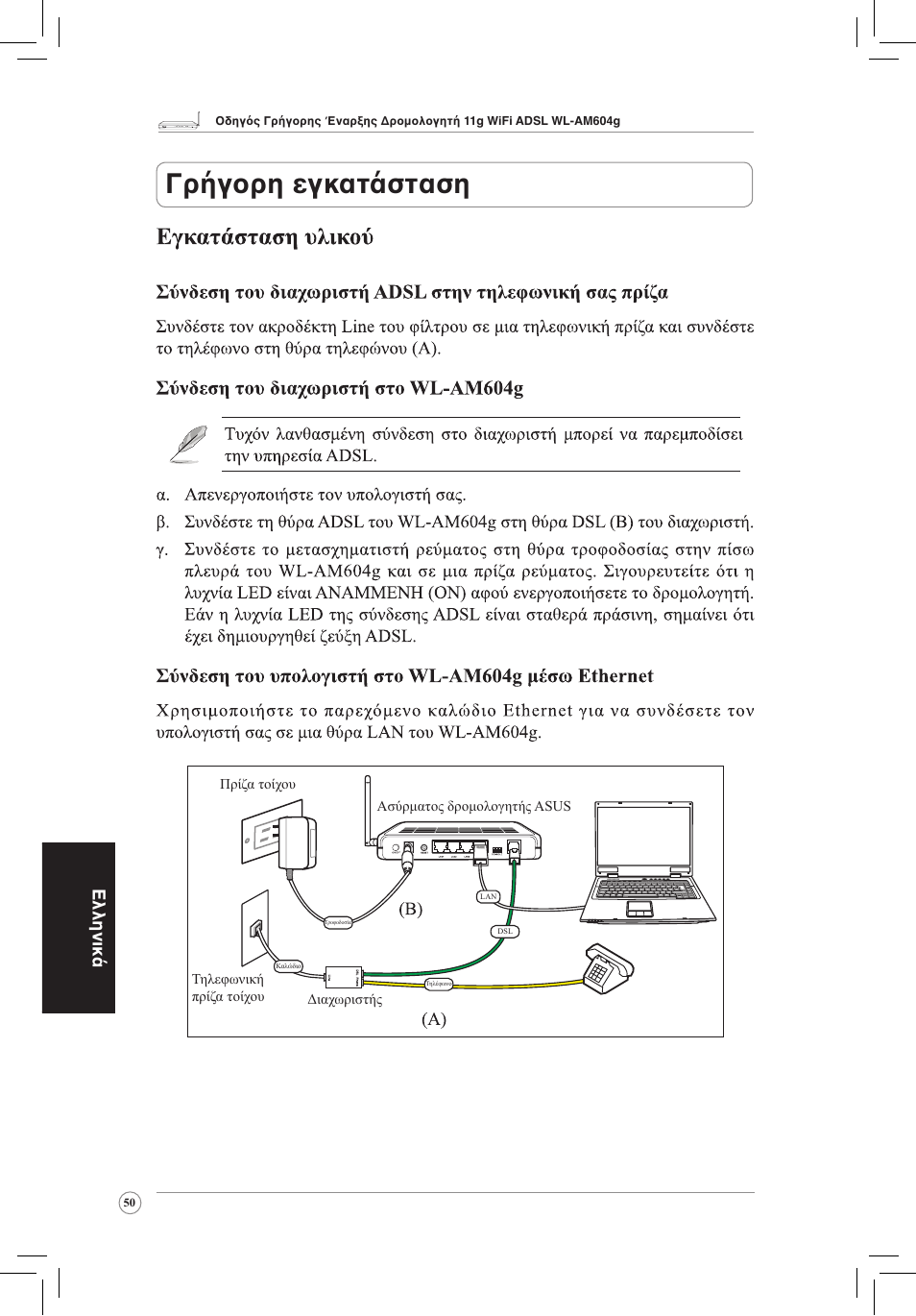 Γρήγορη εγκατάσταση, Ελληνικά | Asus WL-AM604g User Manual | Page 52 / 108