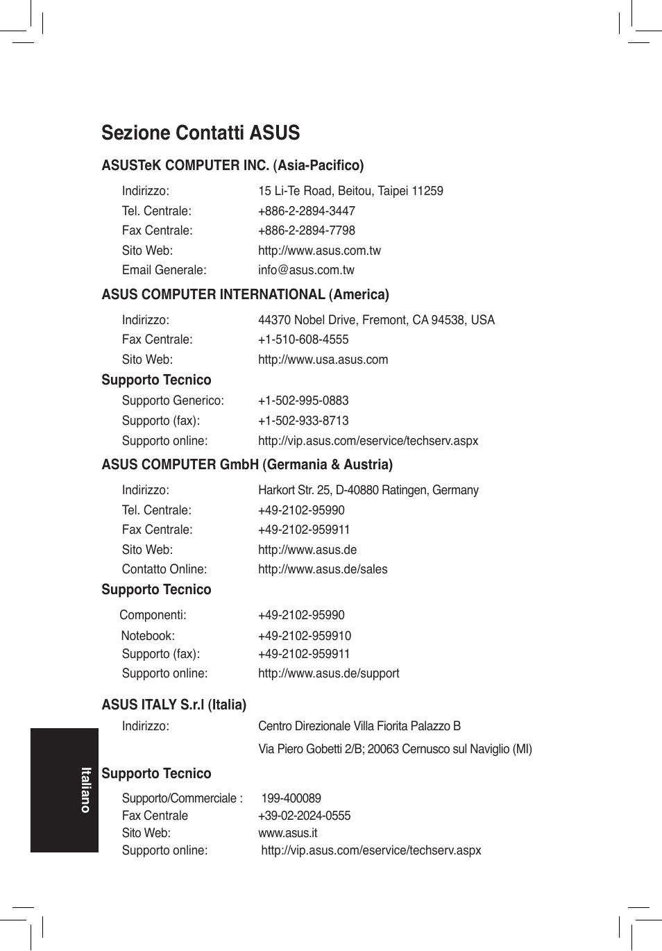 Sezione contatti asus | Asus WL-AM604g User Manual | Page 62 / 108
