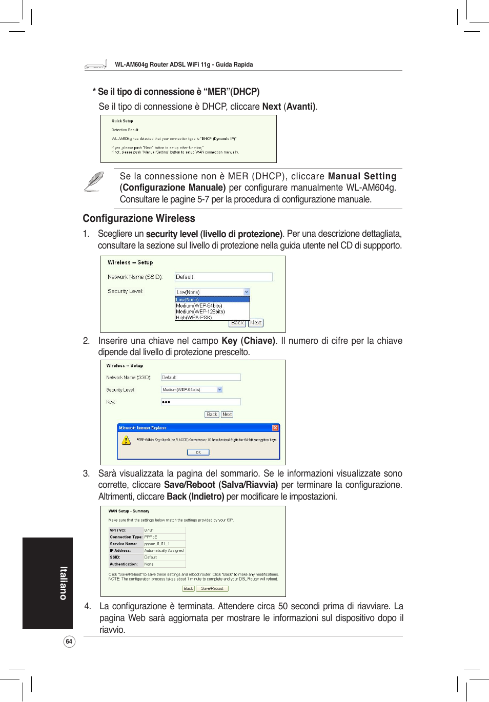 Wireless, Configurazione wireless | Asus WL-AM604g User Manual | Page 66 / 108